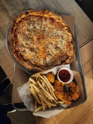 Sausage pizza and kids tenders