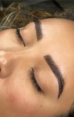 Brow lamination with tint. Creating a thicker brow look. Lasts 6-8 weeks. Procedure takes up to 1 hour.