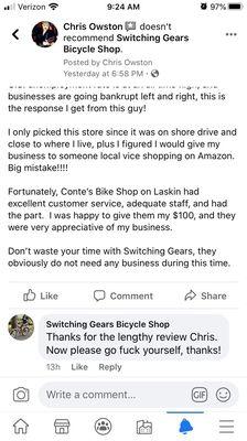 Switching Gears Bike Shop reply to my review.