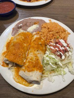 Chimichanga chicken tinga and shredded beef.