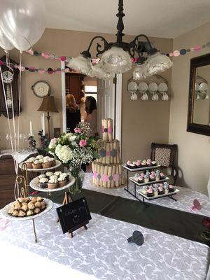 Diaper cake and hand sewn 3D circle garlands for a "Baby Sprinkle" baby shower.