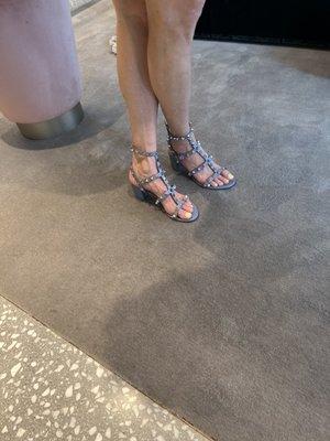 Cornflower blue flat ankle sandals. Who likes feet pics?