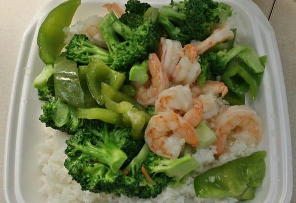 Shrimp & broccoli with steamed rice.