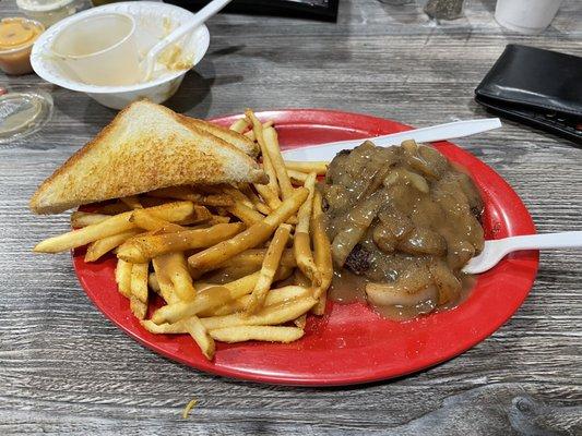 Small Hamburger steak w Cajun seasoned fries.