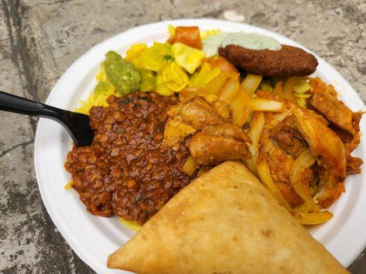 Safari plate - garlic lemon chicken,  chicken sambusa, bajiya & red lentils