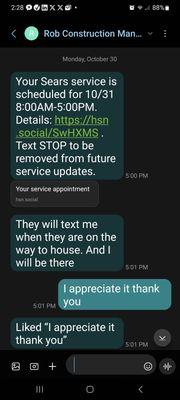 Text messages between Project manager and myself after they broke my Oven (repair company coming out after three days)