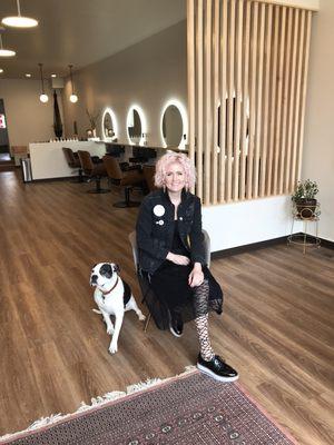 Salon owner Ann Van Weaver and shop dog  Dutch