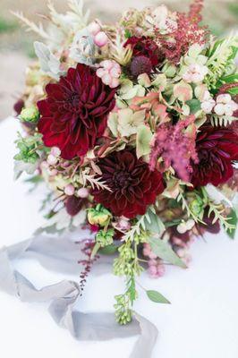 Maroon Dahlias and Hydrangeas were the stars in my bouquet.