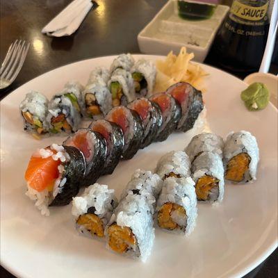 Three Roll Special - peanut avacafo, house special and sweet potato (like a good Southern Boy)