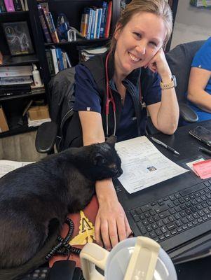 Harry is making sure that Dr. Duncan gets in all of her notes.