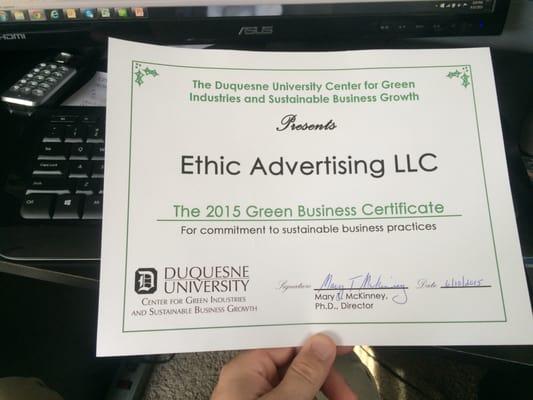 Ethic Advertising's Green Certification from 2015