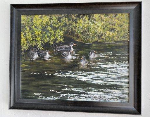 Merganser family oil painting awaiting a new home. The Gallery at Bear Creek Frames