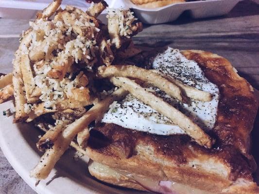 Croque de Madame with a fried egg & side of garlic fries