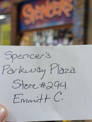 Store location ,store manager's handwritten name along with store number.