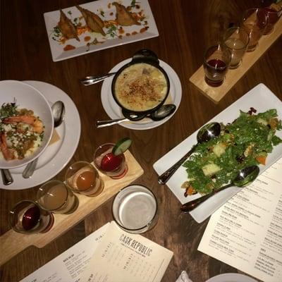 cocktail tasting, empanadas, salad, mac and cheese, shrimp and grits.