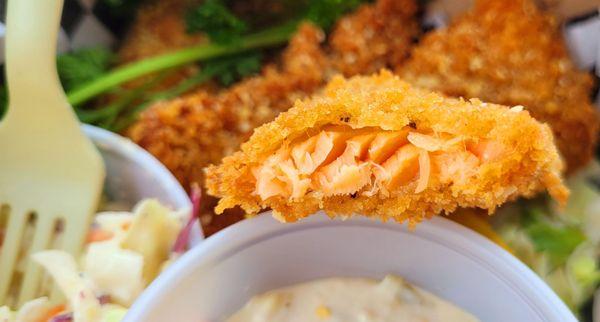 Inside the perfectly cooked salmon fish and chips.