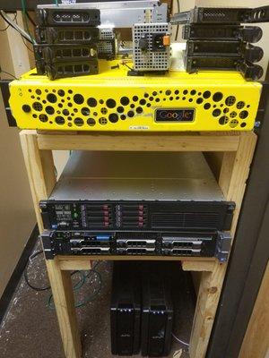 Customer had extensive water damage in his office, so we built a temporary, Wooden rack for his needs, 1 VM Server With 2 Storage Servers.