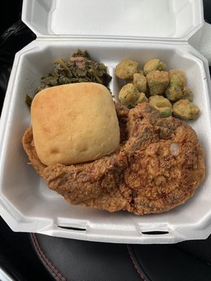 Fried Pork Chop, fried okra, greens and a roll