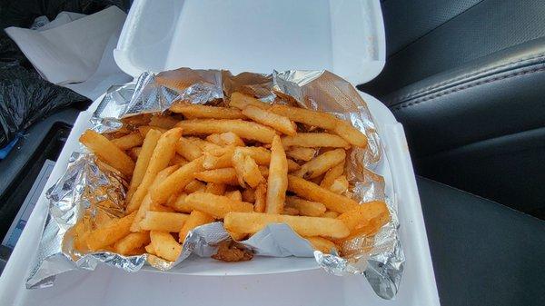 Seasond fries. Tasty,,, they was in box for few minutes sweated due to they were hot. I'll just ask for lil more crisp on fries.