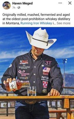 Haven Meged wearing a shirt embroidered by Lil's in an advertisement for Running iron Whiskey.