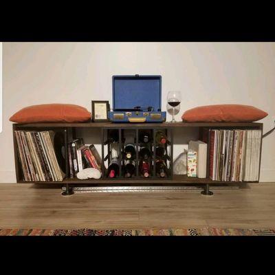 Record Storage Bench and Wine Rack - Stained Wood Plank Box with Steel Pipe Legs