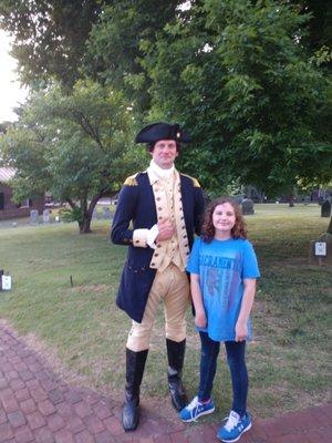 Isabelle with George Washington at the Give Me Liberty or Give Me Death reenactment at St. John's church.