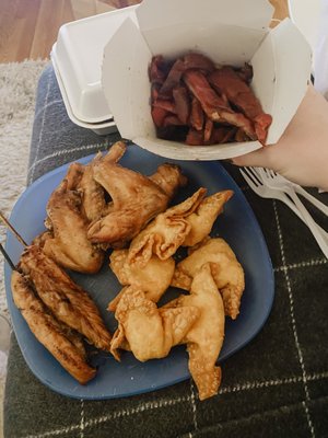 boneless spare ribs, chicken teriyaki, crab rangoons, chicken wings