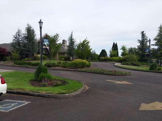 View of the main building from the parking lot.