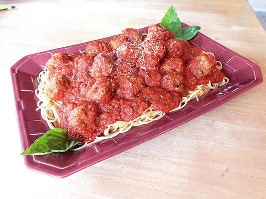 Spaghetti Oven Roasted Meatballs in Homemade Tomato Basil Sauce