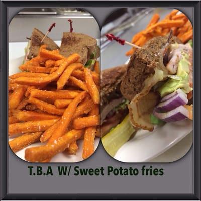 T.B.A (Turkey, bacon & Avocado) on a multigrain bread, melted Swiss cheese, chipotle ranch and LTO with sweet potato fries