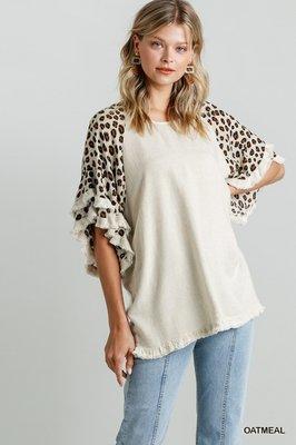 Lined Blend Top Oatmeal w/Animal Print Sleeve. S,M,L,XL,1XL,2XL.