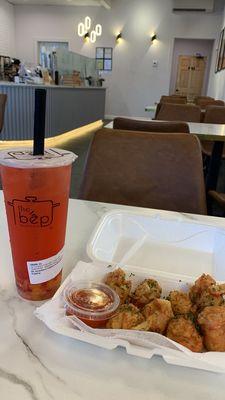 Strawberry peach cobbler organic tea and Lobster balls