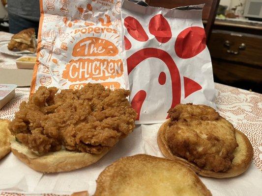 Popeyes chicken sandwich on the left and Chick-Fil-a on the right. Popeyes was big, crunchy, and delicious!