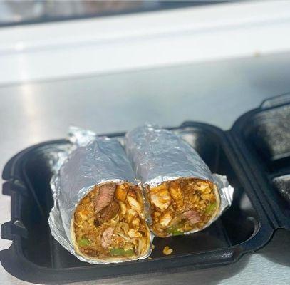 Chicken and steak burrito