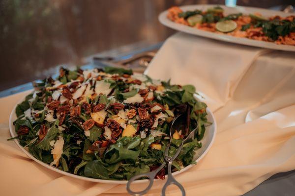 Mixed Greens Seasonal Fruit Brown Sugar Pecans Balsamic Glaze Reduction Extra Virgin Manchego Cheese