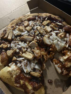 A bbq chicken and onion pizza, "hold the cheese"