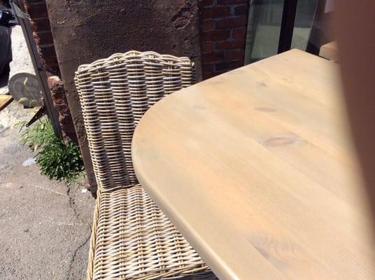 Formerly dark pine table refinished to match new chairs in driftwood color