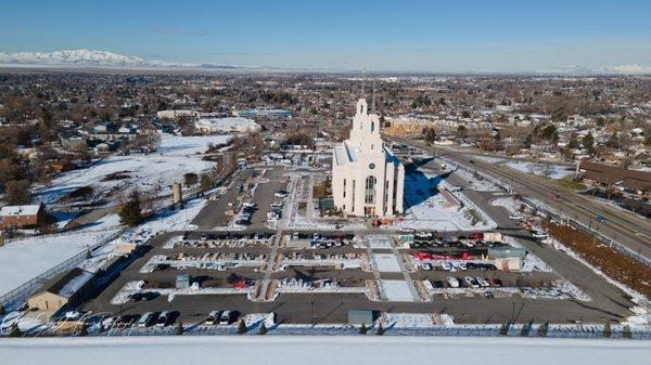 Layton Utah Temple on a winter day by drone on March 5, 2023. Official Website is TempleScoop.com