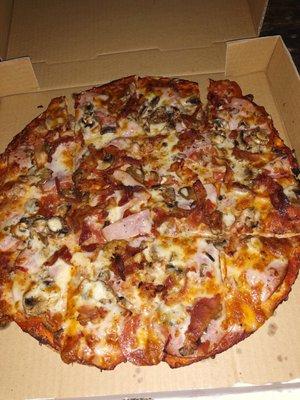 Meat supreme pizza without hamburger and add mushrooms- SOOOO GOOD