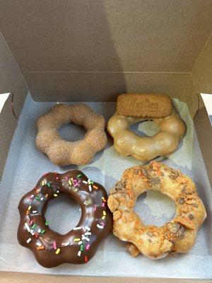 Churro, coffee, chocolate, and butterfinger mochi donuts