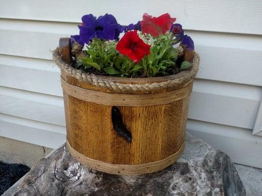 Wood planter buckets.  Made from red or white oak.