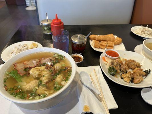 Wonton noodles with bbq pork  Popcorn chicken  Chinese Donuts