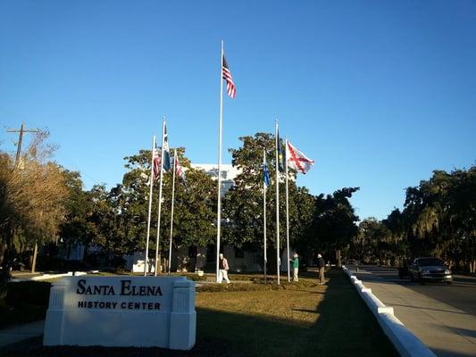 Front of History Center.  Flag ring dedicated to the countries that had influence over this area at one point in history or another.