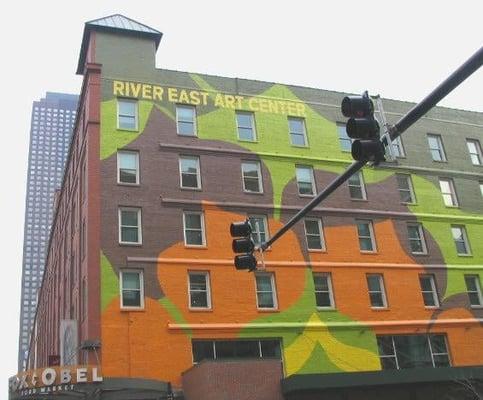 Colorful west facade of River East Plaza