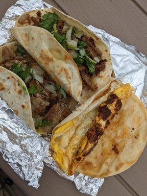 Chorizo and egg, Carnitas, and Carne Gisada