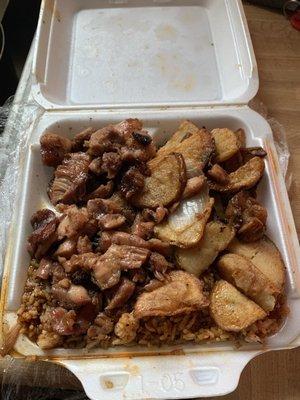 Bourbon chicken, spicy rice, cajun potato spuds