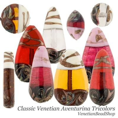 New Tricolor Authentic Venetian Glass Beads in Bold Colors.