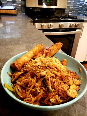 Chicken pad Thai and a couple pork egg rolls