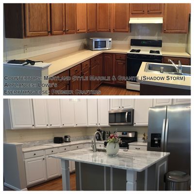 Kitchen before and after: new appliances, paint, bigger island, new trim, new microwave installed.