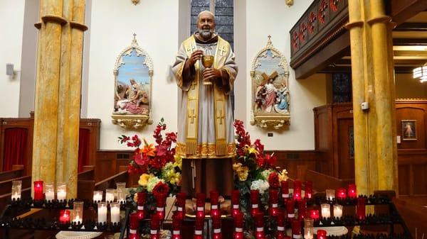 This wonderful statue of St. Padre Pio greets us in the Church Sanctuary. Summer 2013.